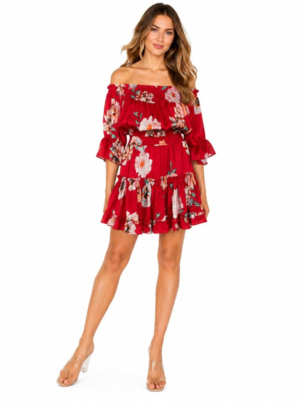 Misa Mini Dress Off the Shoulder Sz Medium Orange Floral Tiered Smocked Waist